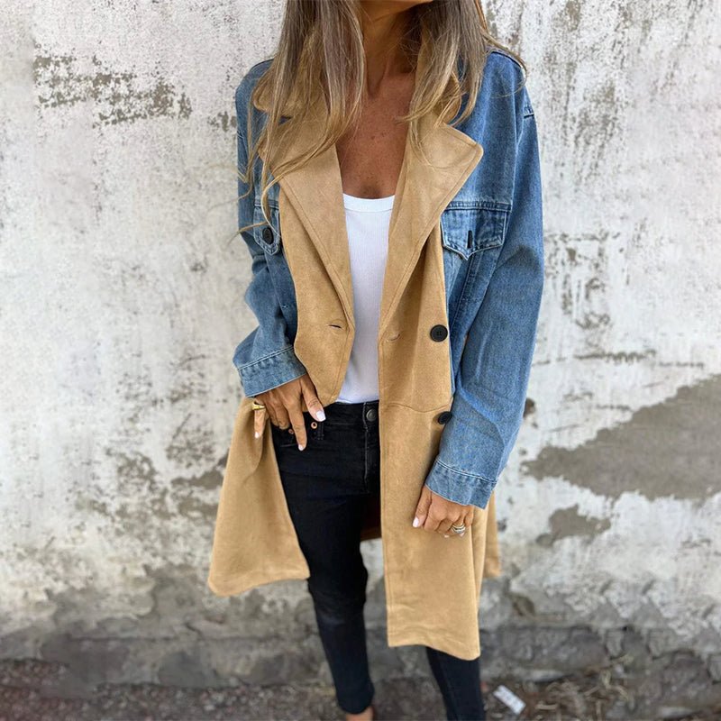 Elora two-tone denim trench coat shown in blue and black, tailored womens outerwear