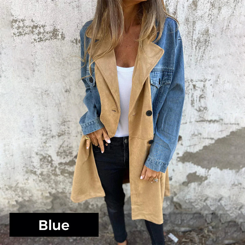 Elora two-tone denim trench coat shown in blue and black, tailored womens outerwear