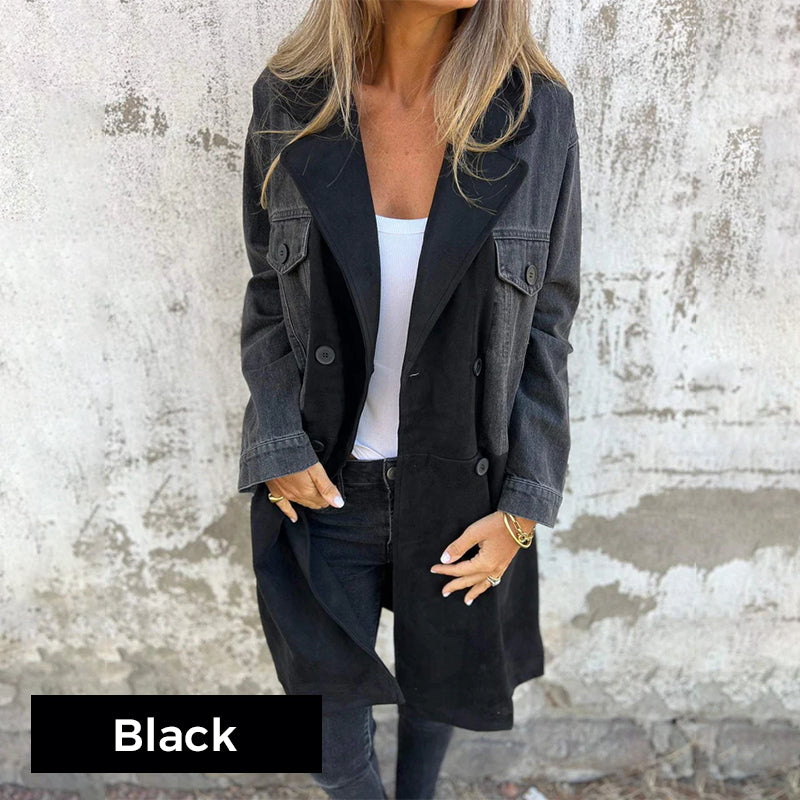 Elora two-tone denim trench coat shown in blue and black, tailored womens outerwear