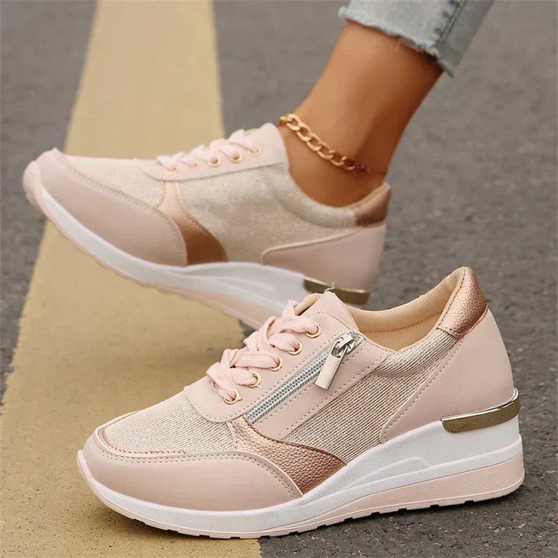 Pearl lace-up orthopedic sneakers shown in pink, gold and silver
