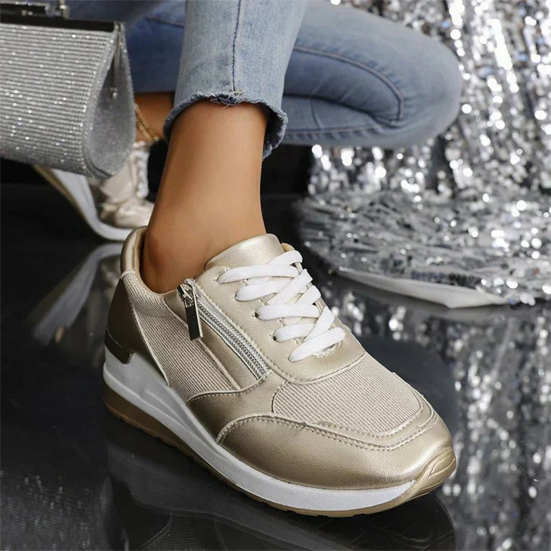 Pearl lace-up orthopedic sneakers shown in pink, gold and silver