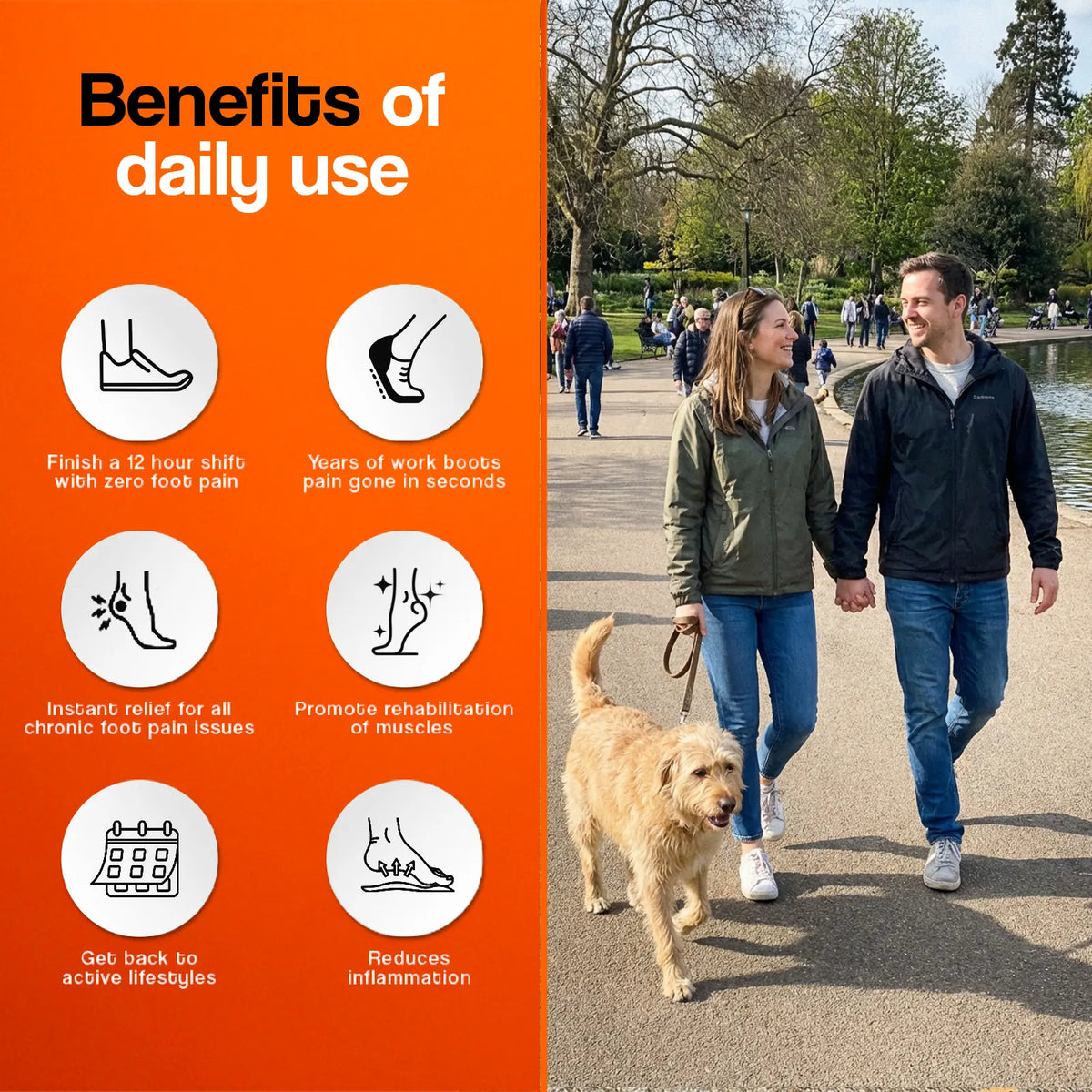 Cushioned arch support insoles with deep heel cup in orange, black and grey