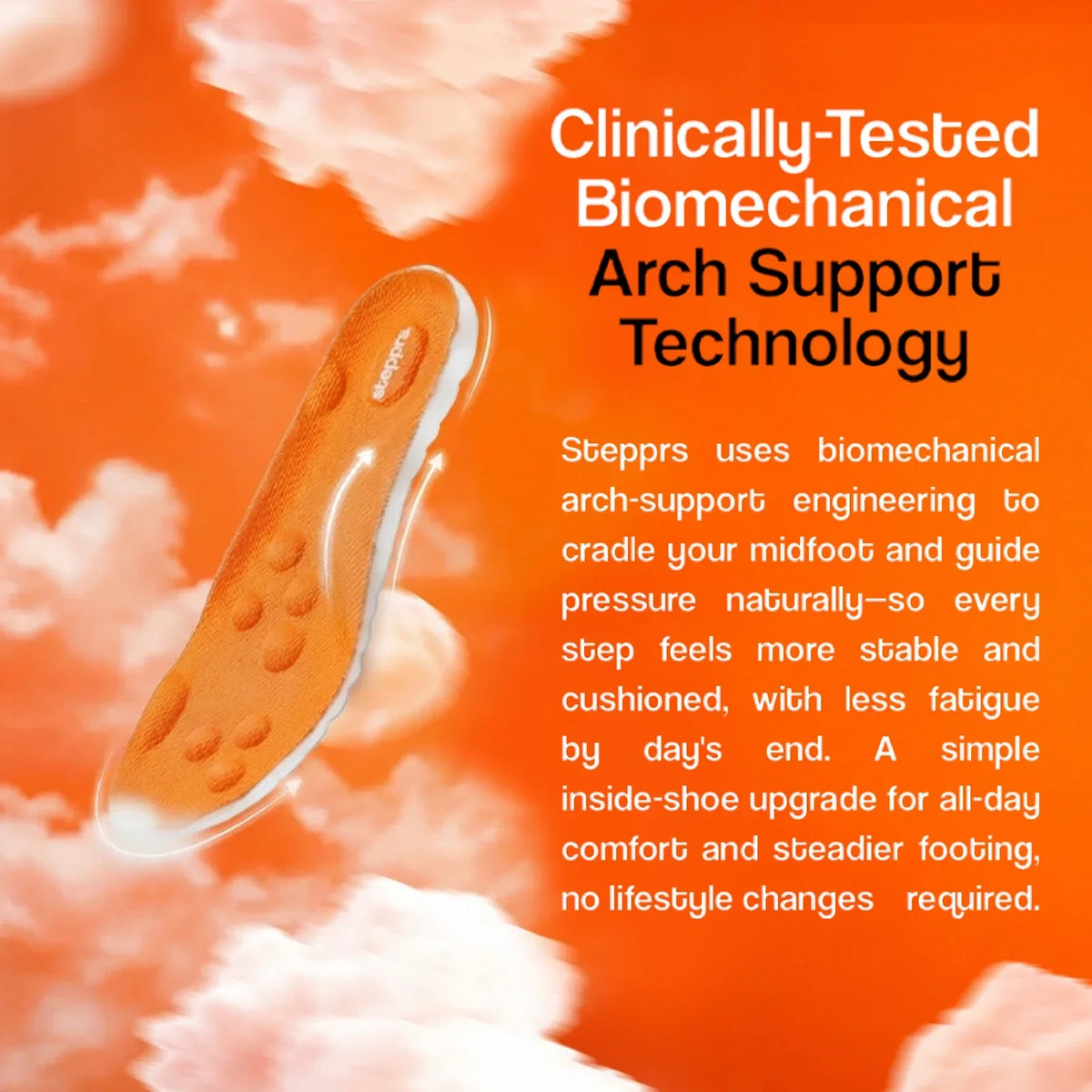 Cushioned arch support insoles with deep heel cup in orange, black and grey
