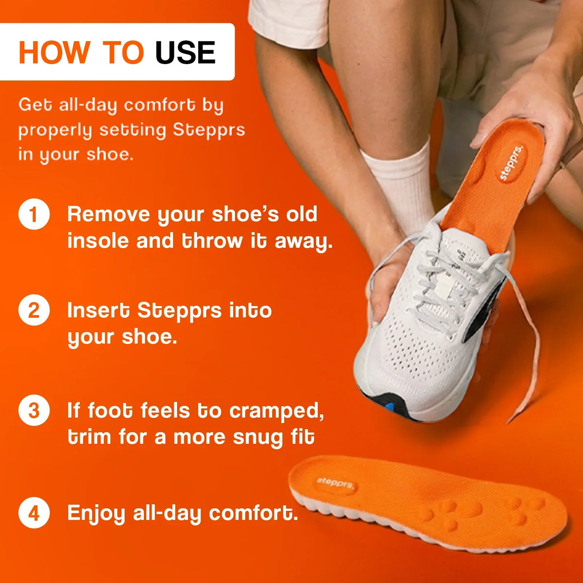 Cushioned arch support insoles with deep heel cup in orange, black and grey