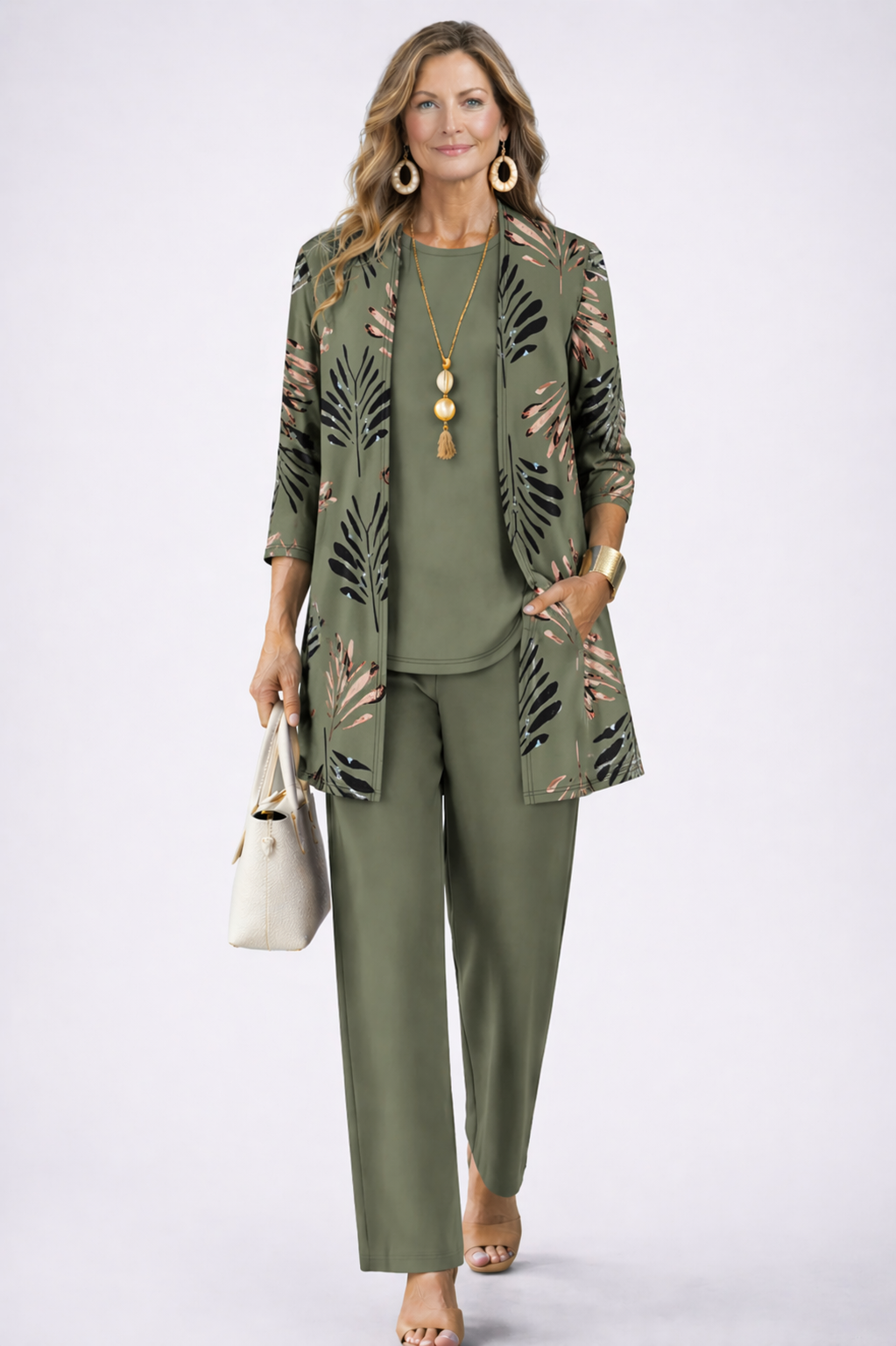 Margaret coordinated green three-piece set styled together for an effortless everyday look