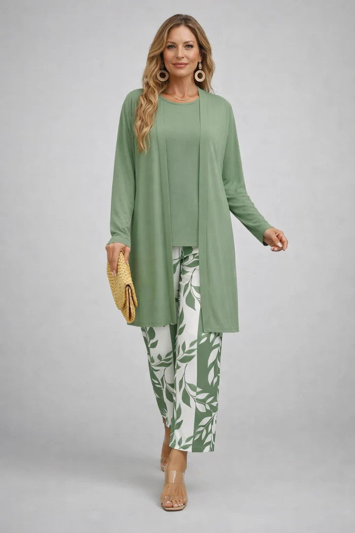 Margaret coordinated green three-piece set styled together for an effortless everyday look