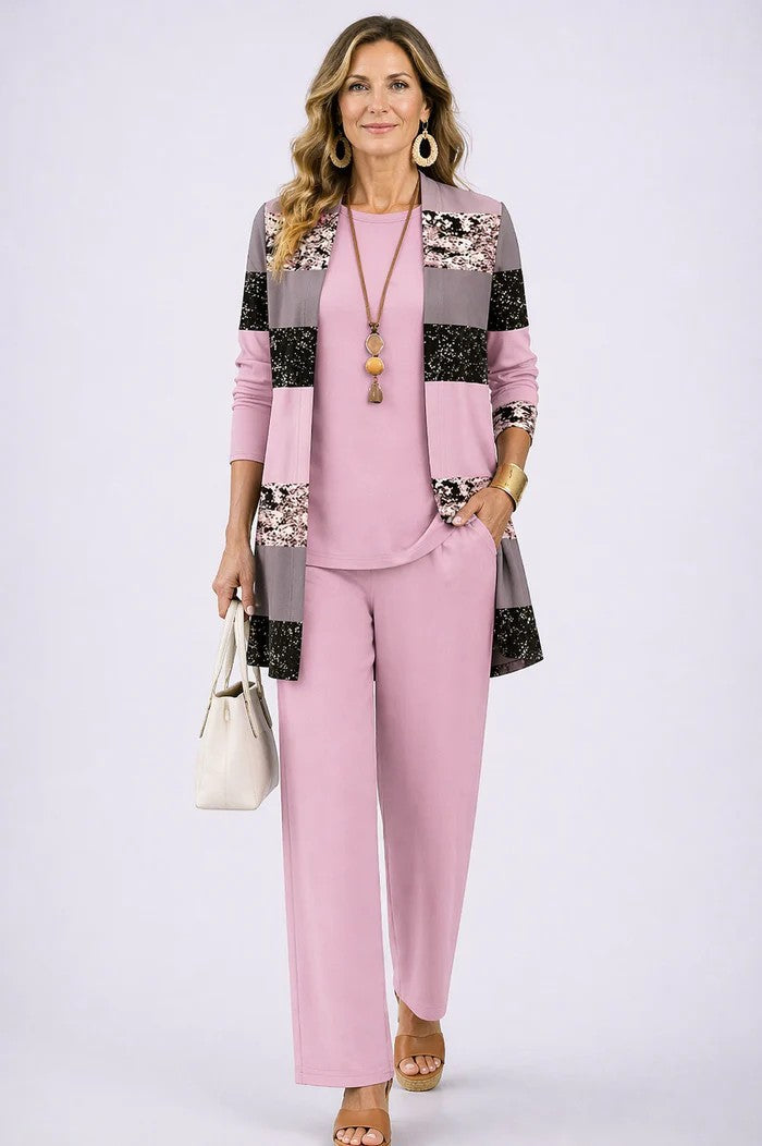 Margaret coordinated green three-piece set styled together for an effortless everyday look