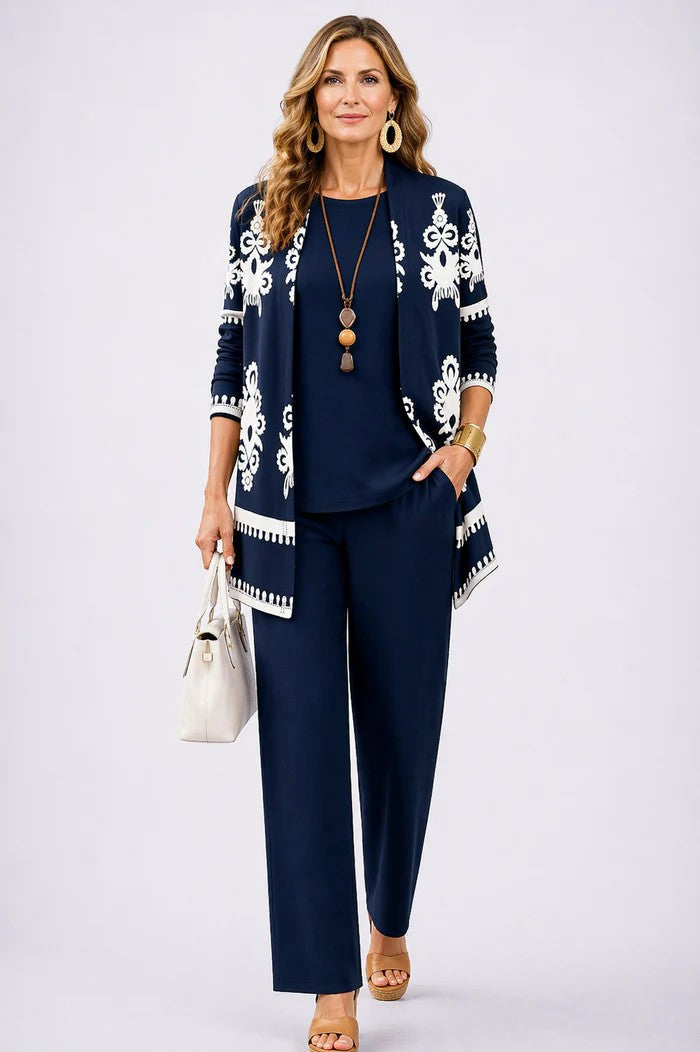 Margaret coordinated green three-piece set styled together for an effortless everyday look