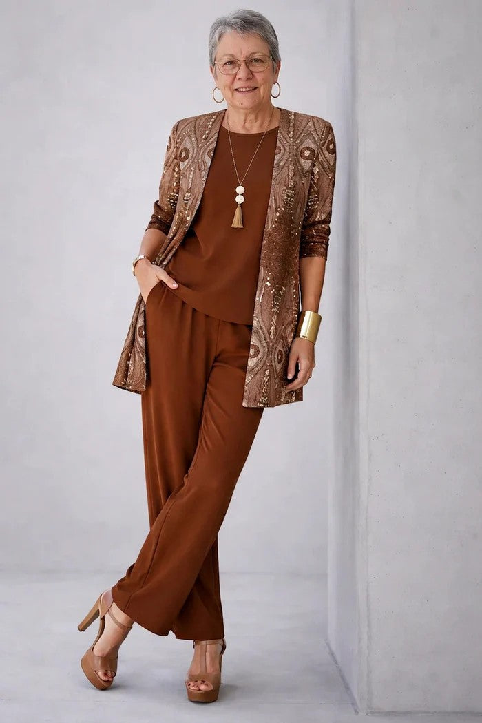 Margaret coordinated green three-piece set styled together for an effortless everyday look