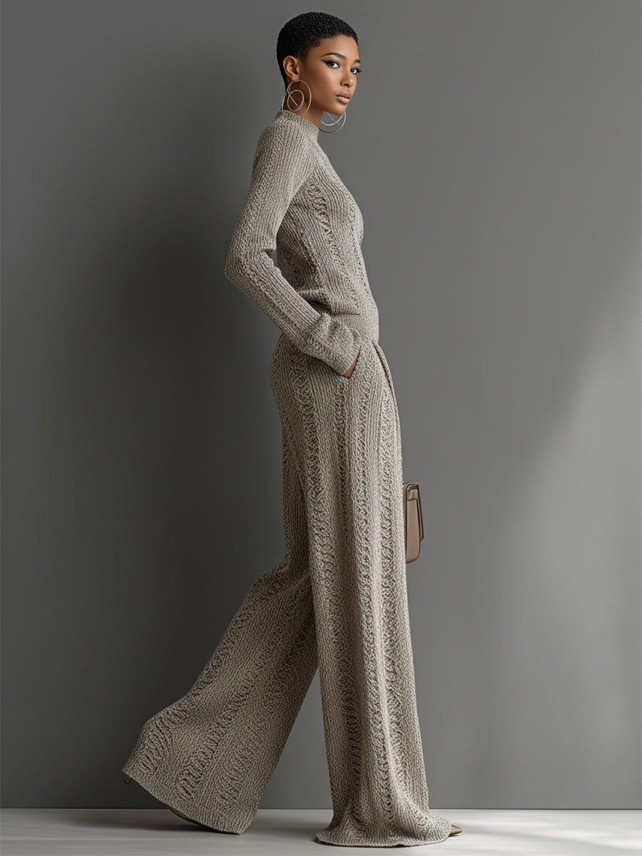 Yvonne taupe textured knit co-ord set styled as a matching two-piece