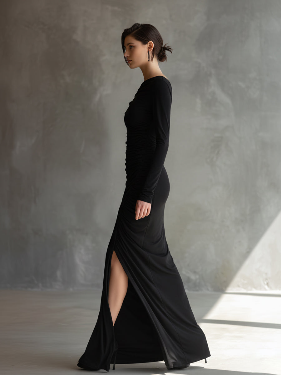Aggie black off-shoulder jersey dress with a flattering elegant silhouette