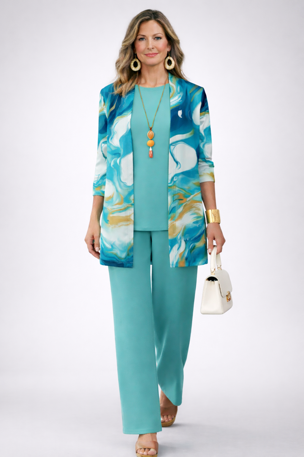 Galena blue coordinated three-piece set styled for an effortless day-to-night look
