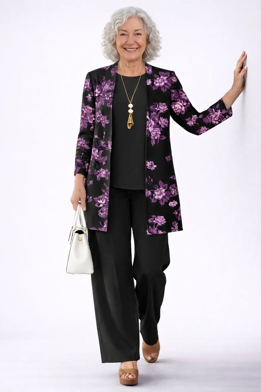Helia black coordinated three-piece set styled for a versatile day-to-night look