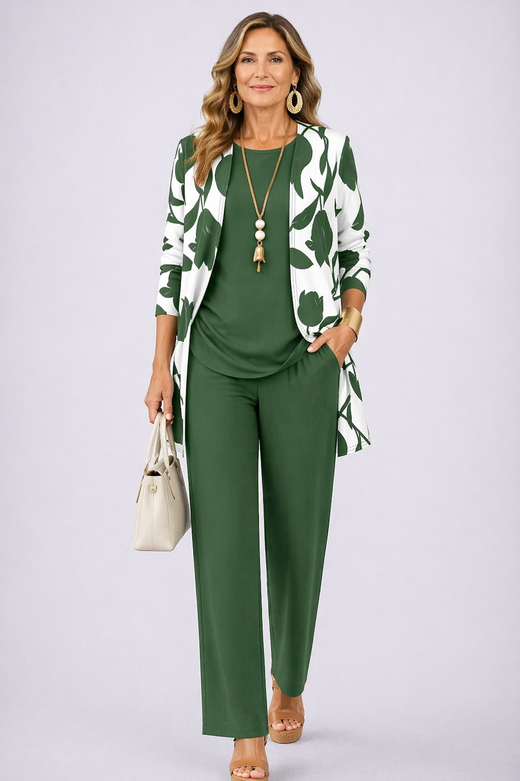 Brenda green and white three-piece coordinated set styled as a matching outfit