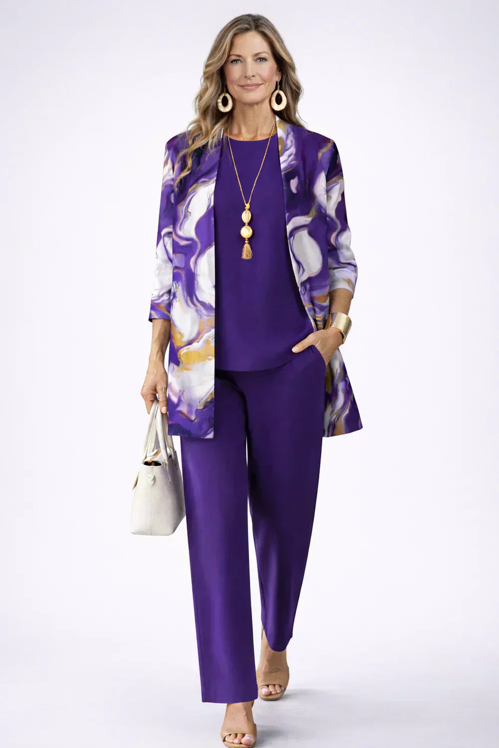 Sara purple and white coordinated three-piece set for women