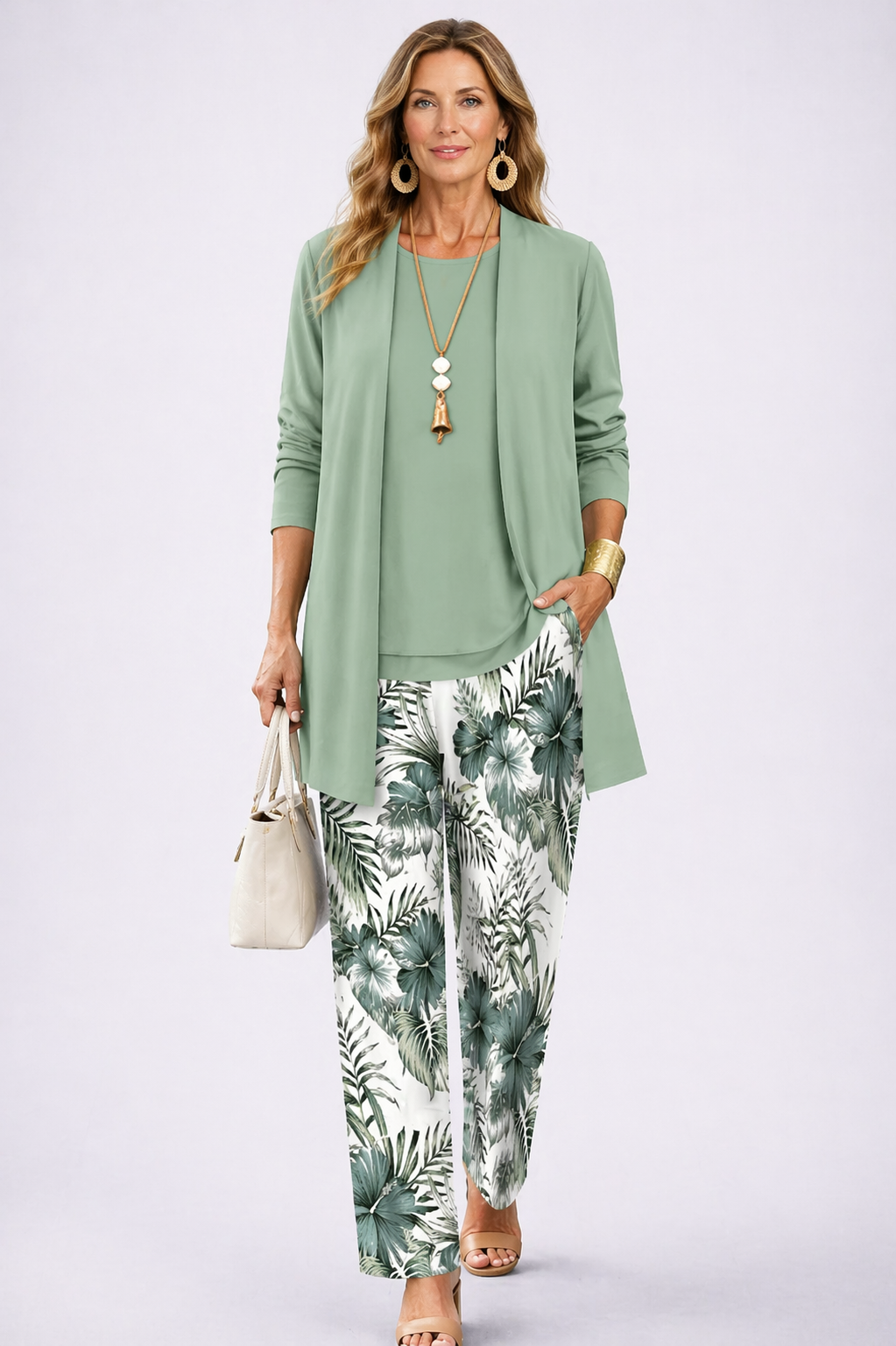 Lorraine green and white coordinated three-piece set shown together